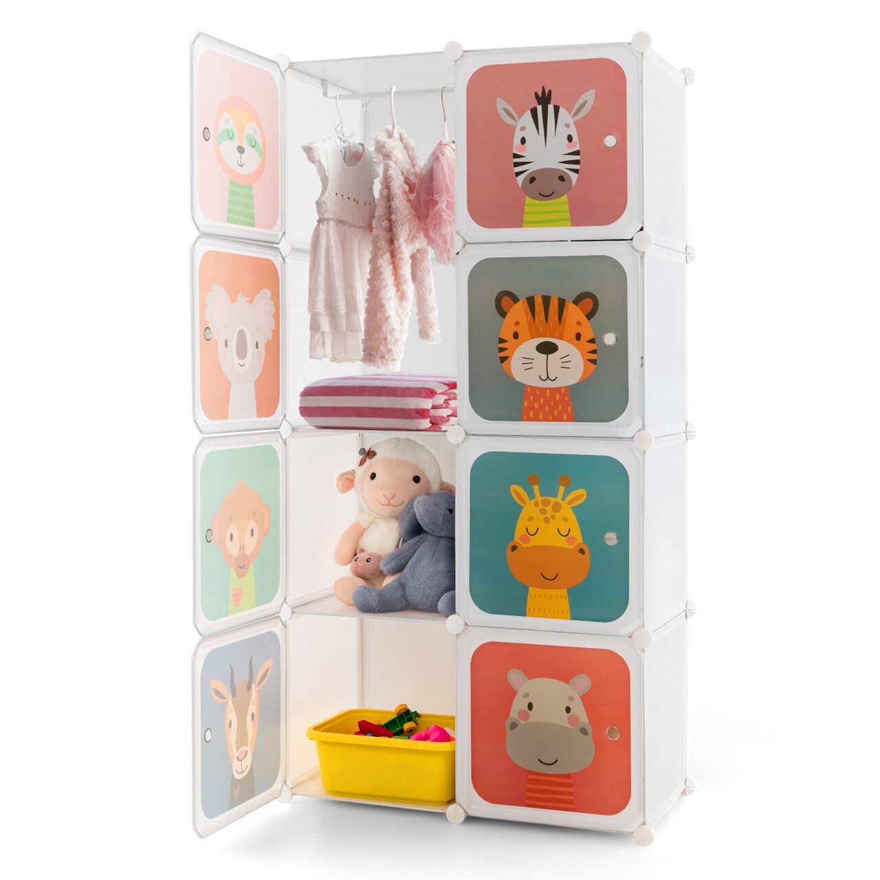 Costway 8-Cube Kids Wardrobe Baby Dresser Bedroom Armoire Clothes Hanging Closet with Doors Blue/Pink/White